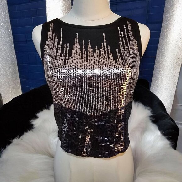 MXG Black Silver Sequined Sleeveless Keyhole Top | XS | Sparkle Glam EUC - Picture 2 of 12
